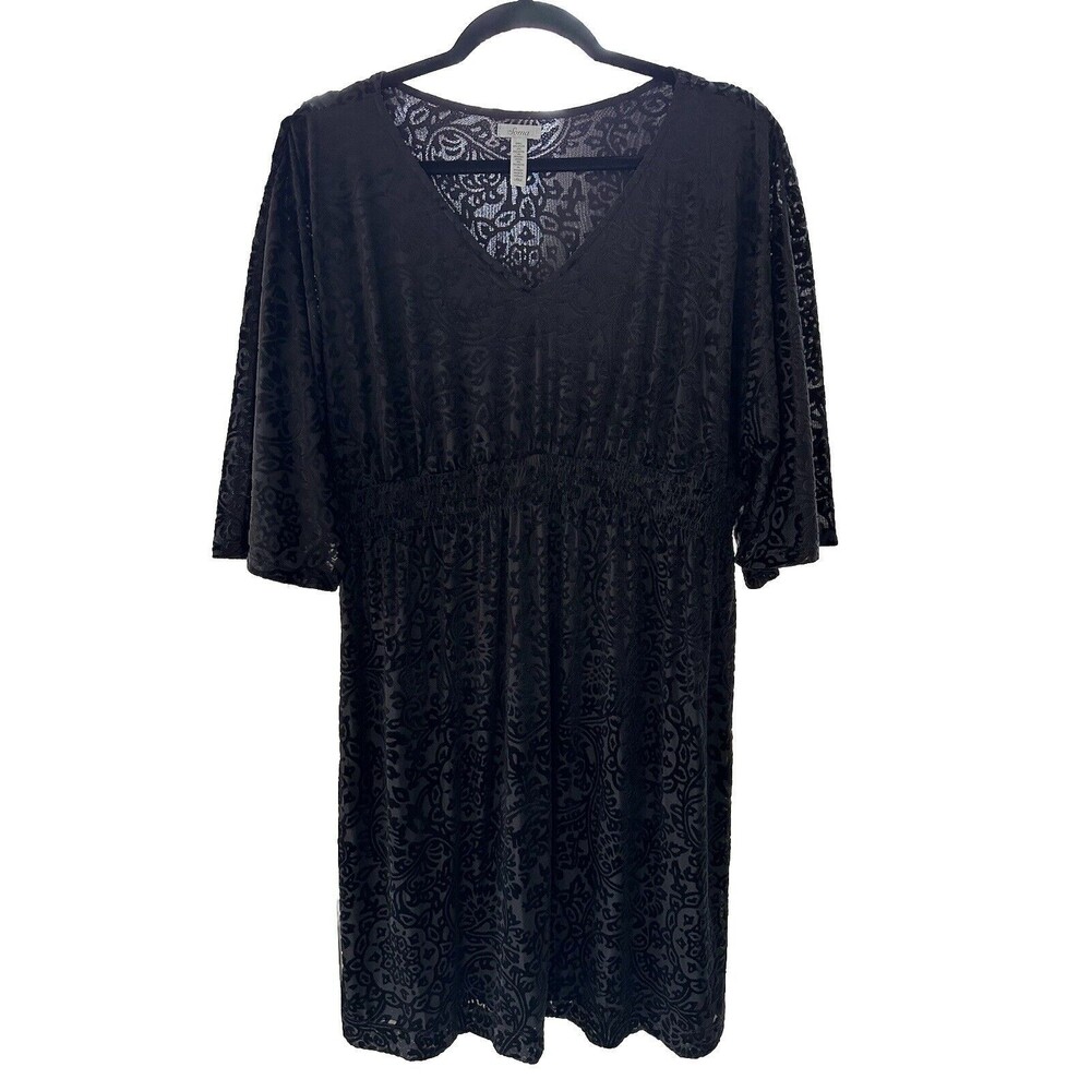 Soma Black Burnout Velvet Mini Dress Empire Waist V Neck Short Sleeve Size Large